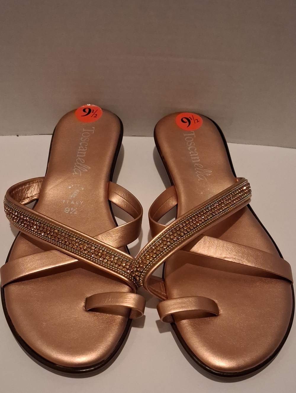 Toscanella Size 91/2 women's Rose Gold Crystal Embellished Strap Slide Sandals.
